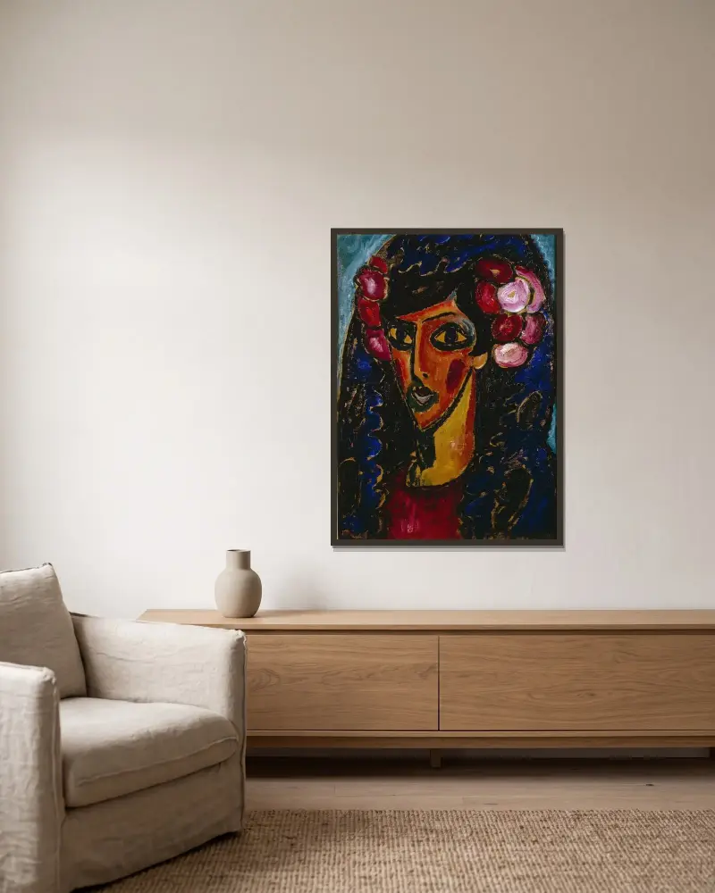 Den blå mantiljen av Alexej von Jawlensky inramad på en vägg