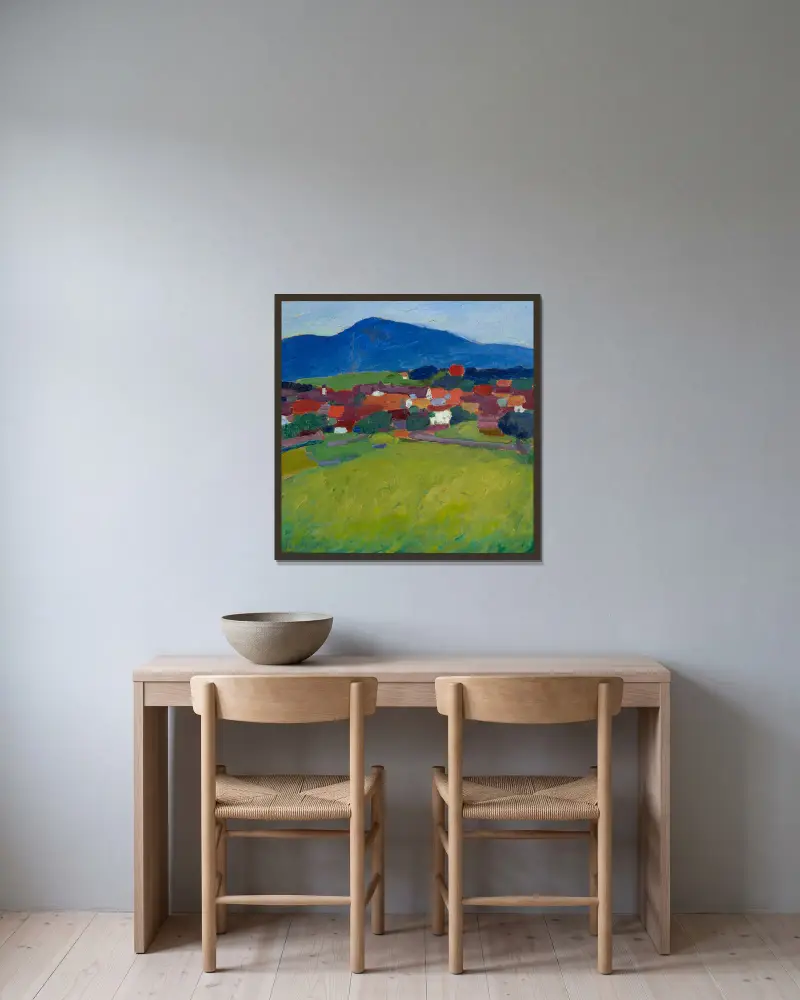 Byn Murnau av Alexej von Jawlensky inramad på en vägg