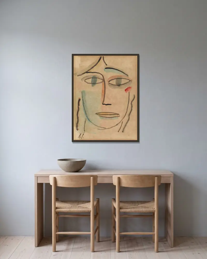 Kvinnohuvud med öppna ögon av Alexej von Jawlensky inramad på en vägg