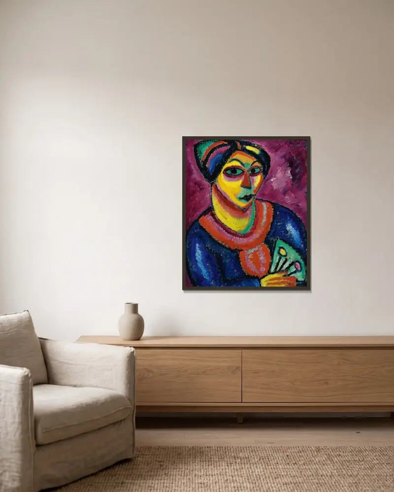 Kvinna med grön solfjäder av Alexej von Jawlensky inramad på en vägg