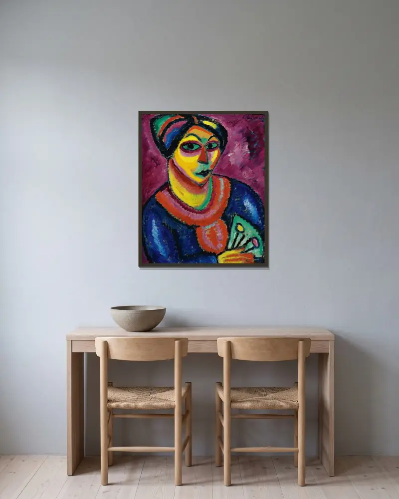 Kvinna med grön solfjäder av Alexej von Jawlensky inramad på en vägg