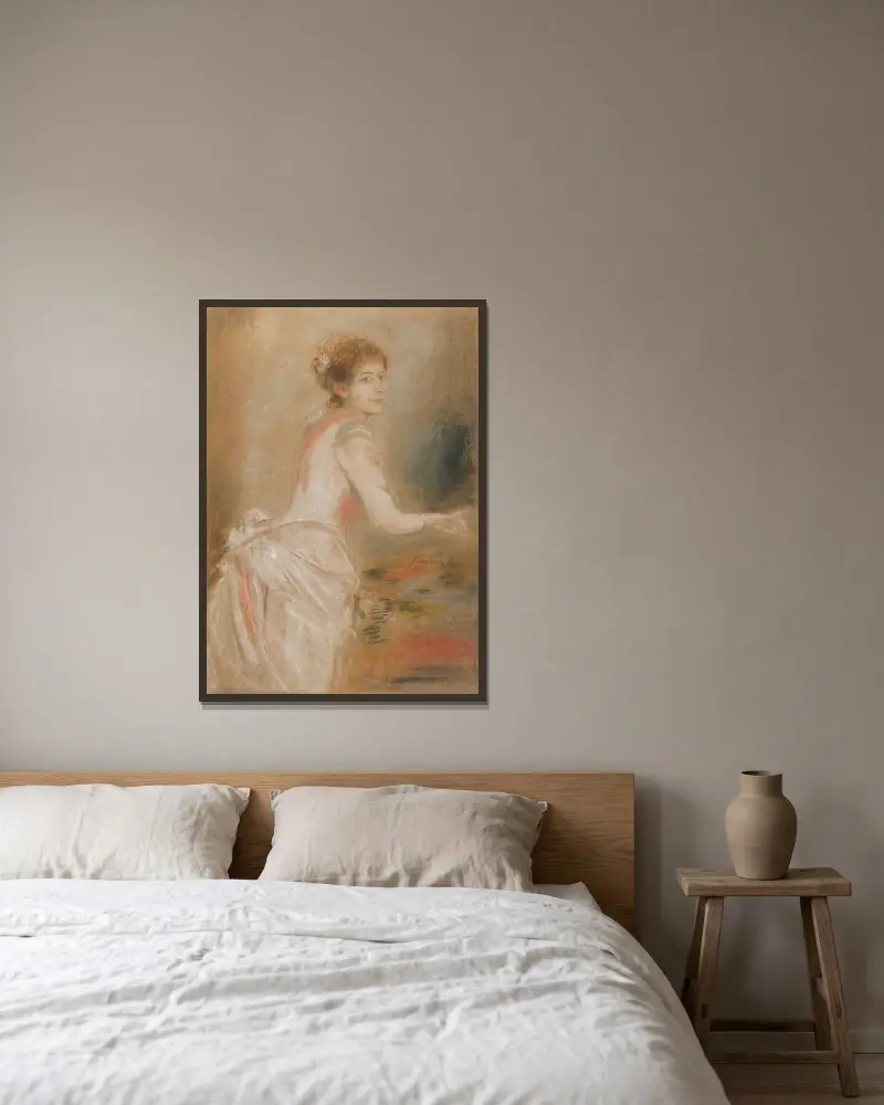 Bildnis einer jungen Dame im weißen Kleid von Franz von Lenbach gerahmt an einer Wand