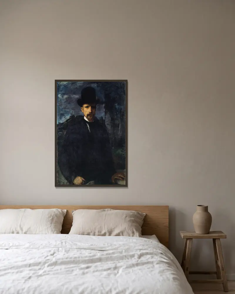 Self-Portrait with High Hat av Hans Von Marées inramad på en vägg