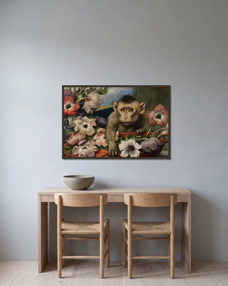 Kwiaty urodzinowe (Małpa z anemonami), Gabriel von Max w ramie na ścianie