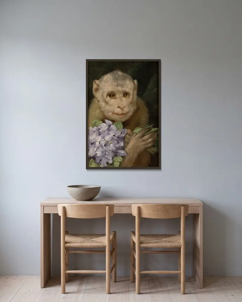 Monkey with a bouquet of violets av Gabriel von Max inramad på en vägg