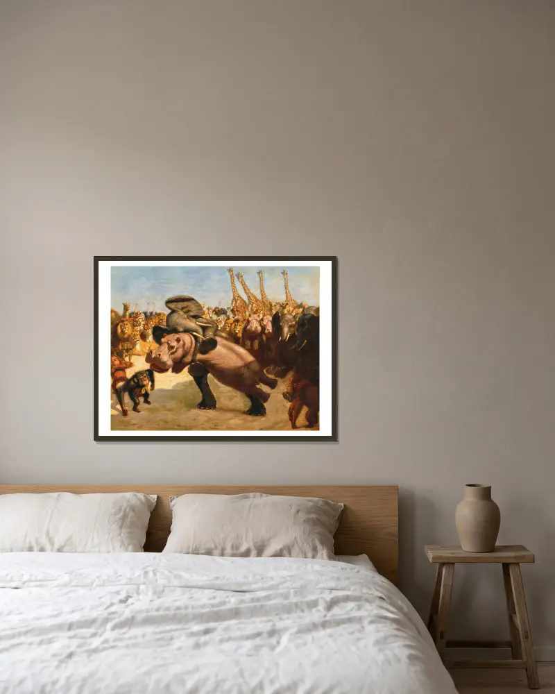 Affen als Schiedsrichter im Kampf zwischen einem Elefanten und einem Flusspferd von Gabriel von Max gerahmt an einer Wand