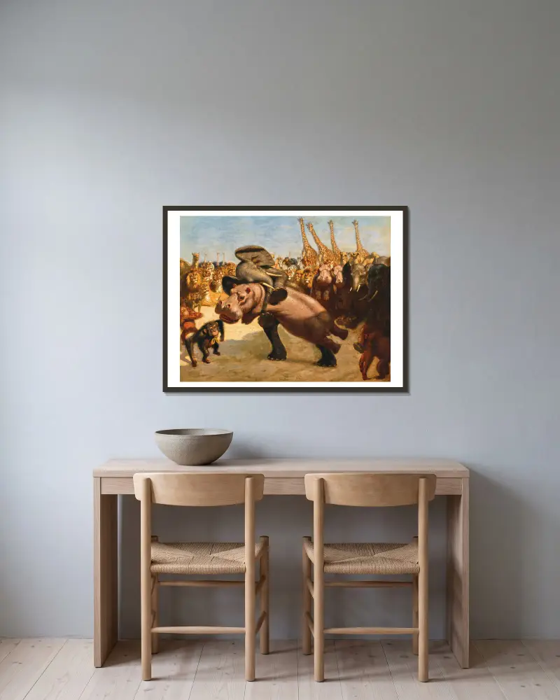 Affen als Schiedsrichter im Kampf zwischen einem Elefanten und einem Flusspferd von Gabriel von Max gerahmt an einer Wand