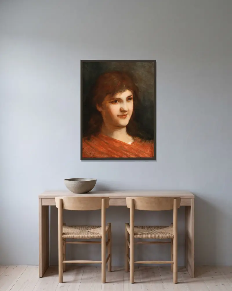 Porträtt av en kvinna av Gabriel von Max inramad på en vägg