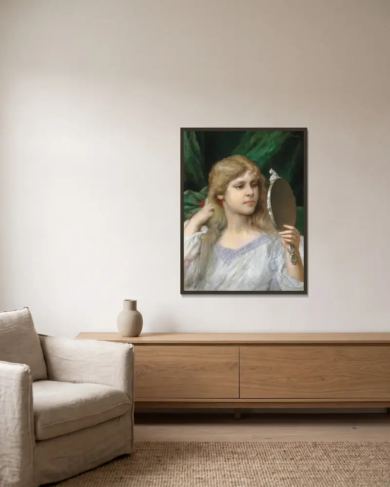 The Mirror av Gabriel von Max inramad på en vägg