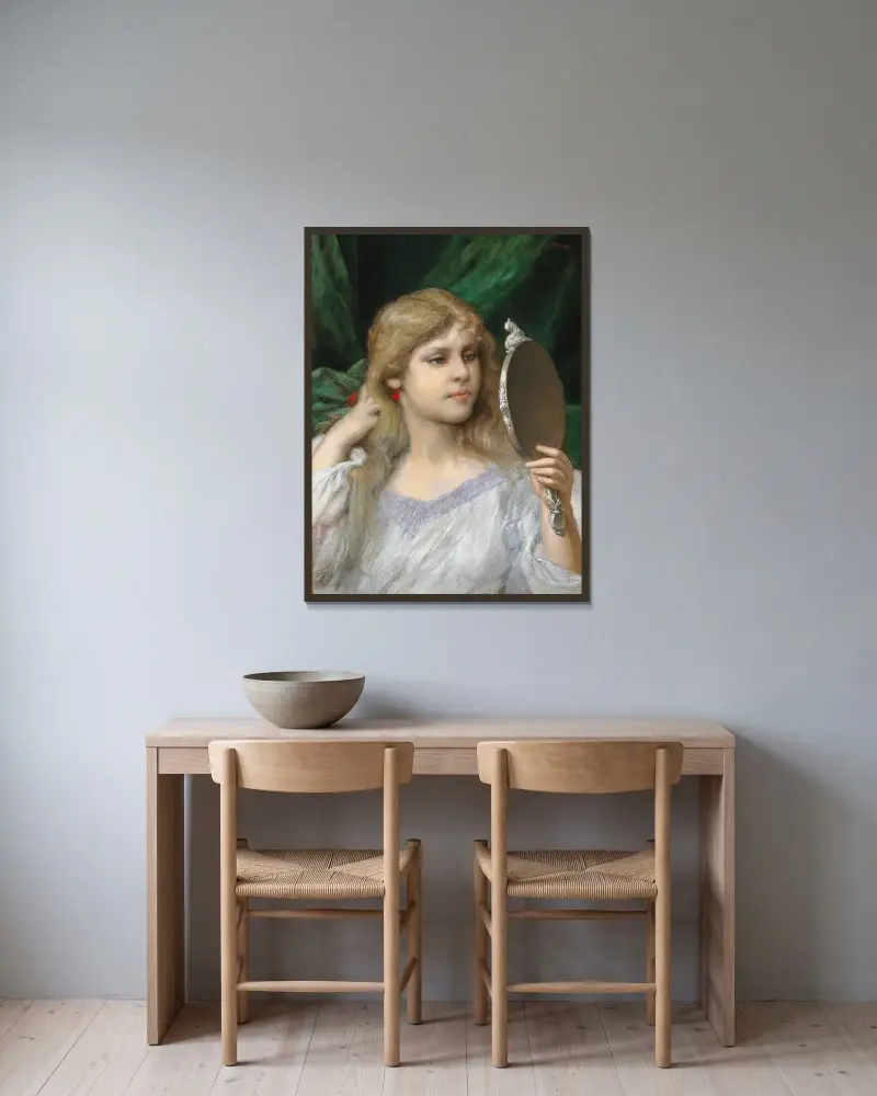 The Mirror av Gabriel von Max inramad på en vägg
