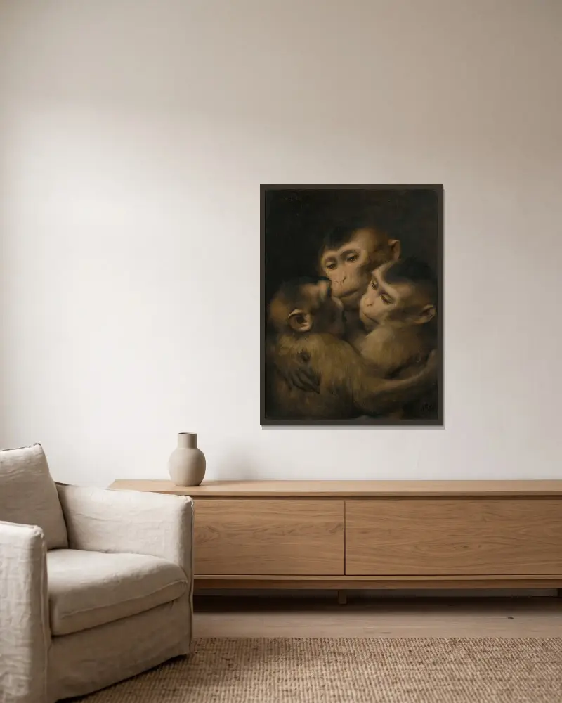 Three Monkeys av Gabriel von Max inramad på en vägg