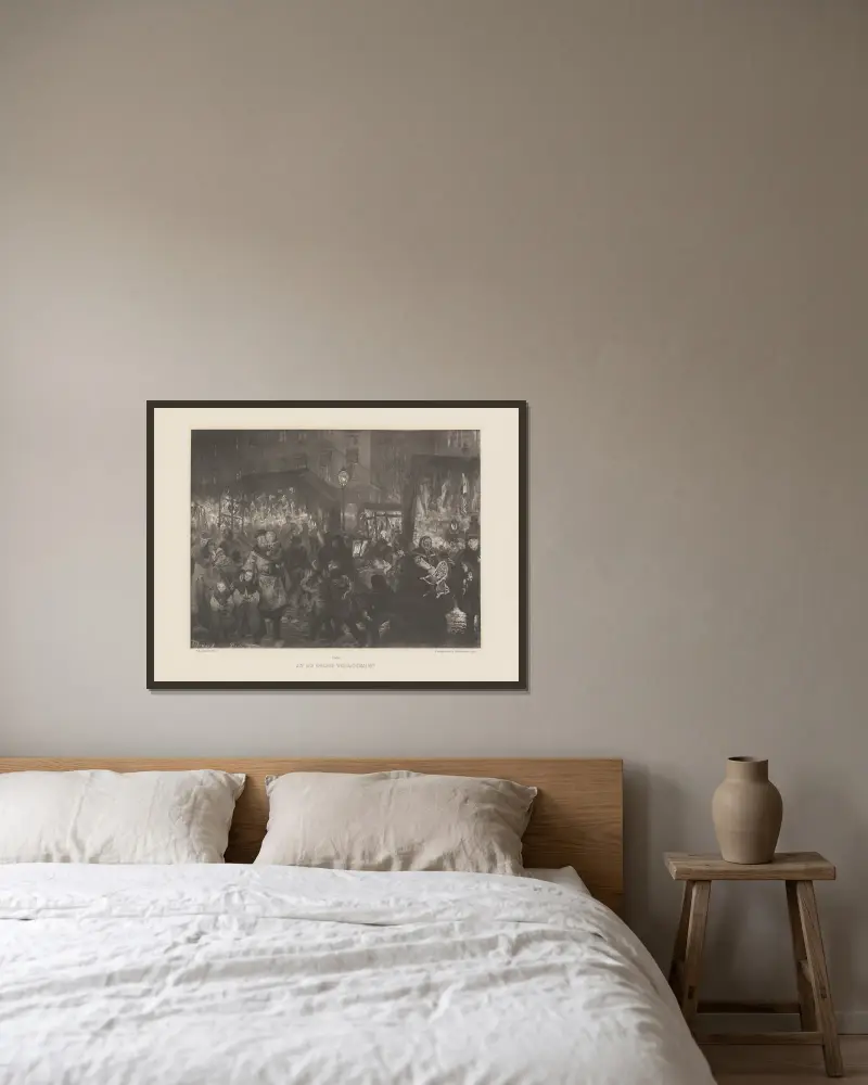 Auf dem Berliner Weihnachtsmarkt von Adolph von Menzel gerahmt an einer Wand