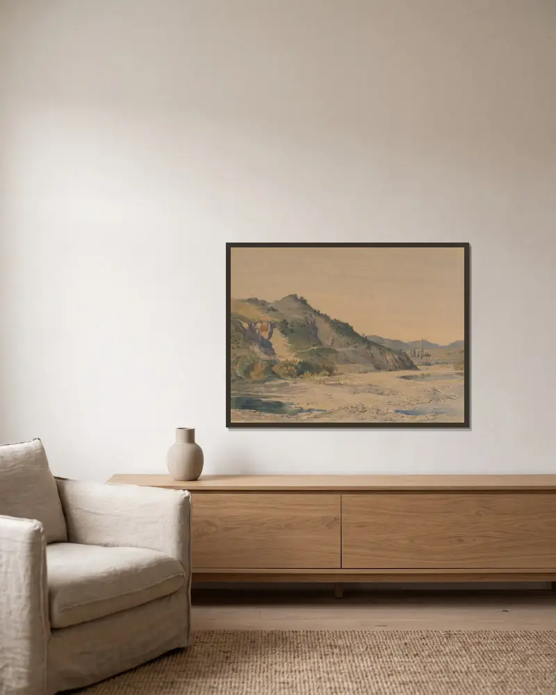 Hügelige Landschaft von Friedrich Carl von Scheidlin gerahmt an einer Wand