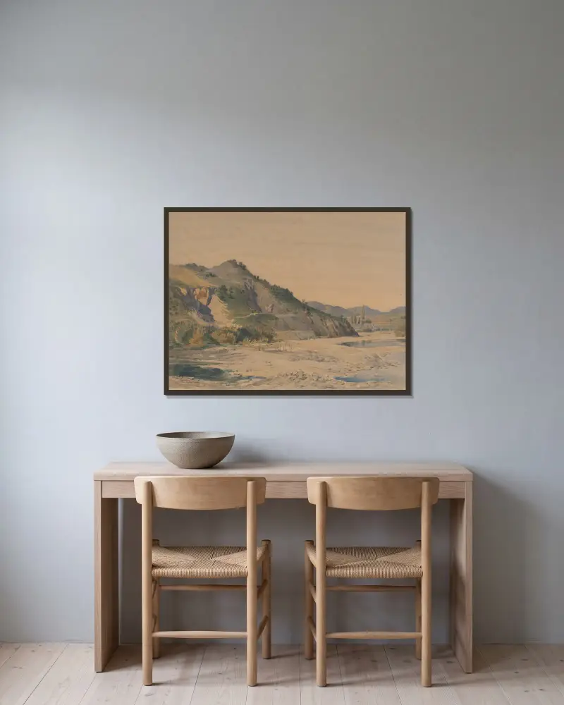 Hügelige Landschaft von Friedrich Carl von Scheidlin gerahmt an einer Wand