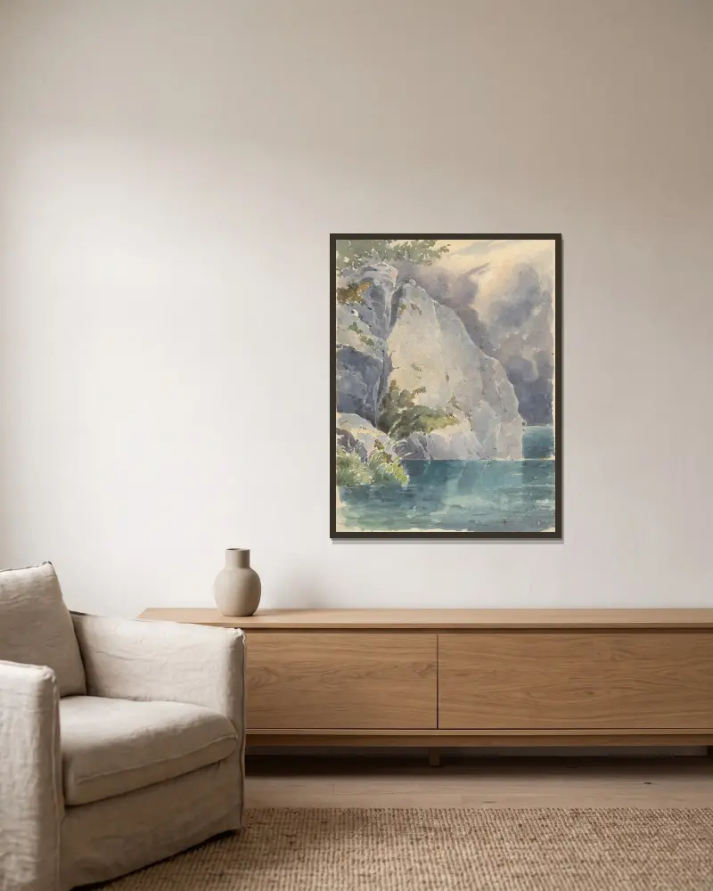 Felsen über einem See von Friedrich Carl von Scheidlin gerahmt an einer Wand