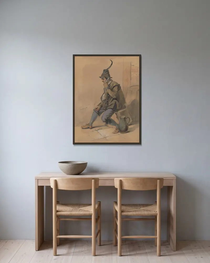 Studie eines rauchenden Mannes von Friedrich Carl von Scheidlin gerahmt an einer Wand