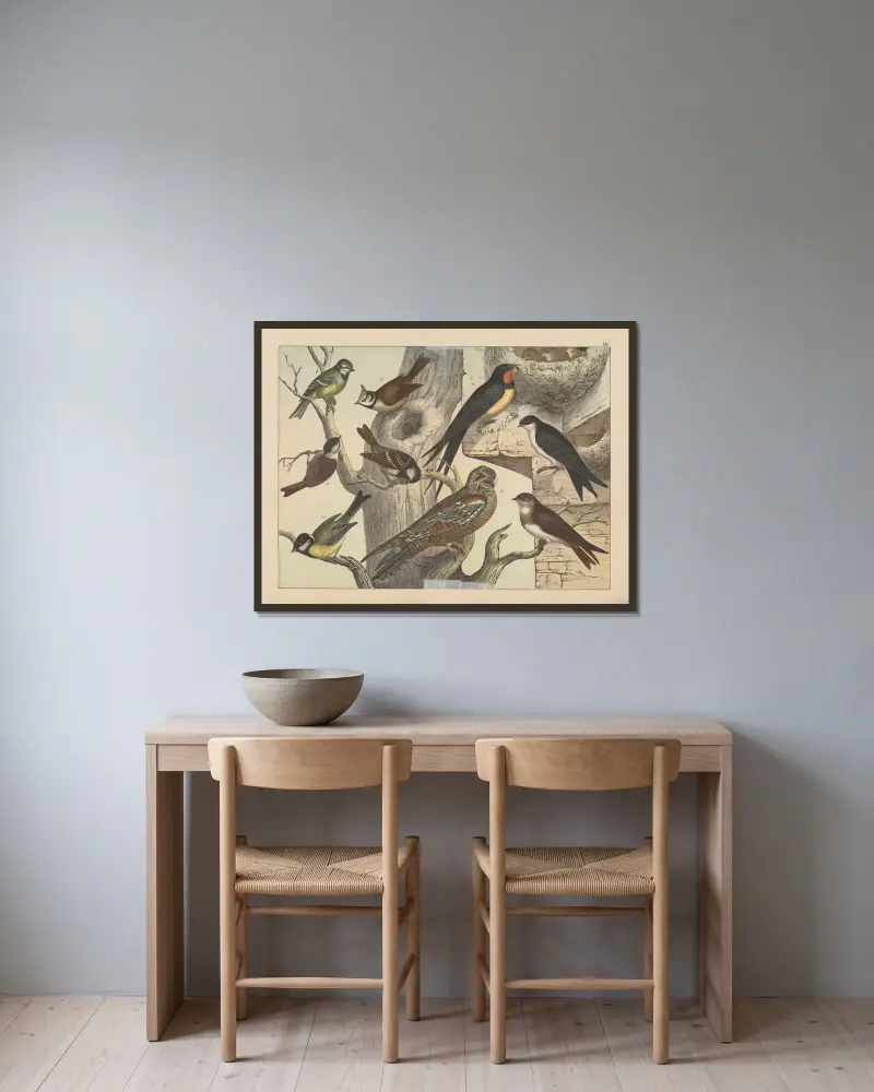 Naturgeschichte der Vögel, Tafel 19 von Gotthilf Heinrich von Schubert gerahmt an einer Wand
