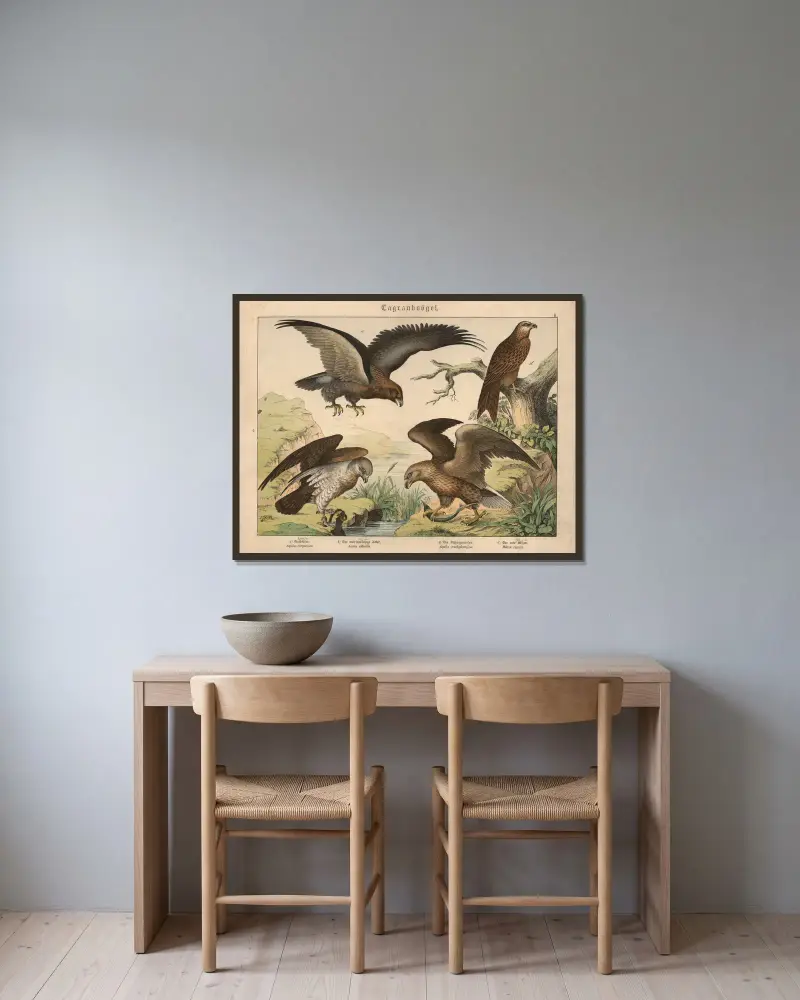 Greifvögel. a) Der Steinadler, b) Der weißschwänzige Adler, c) Der Schlangenadler, d) Der rote Milan von Gotthilf Heinrich von Schubert gerahmt an einer Wand