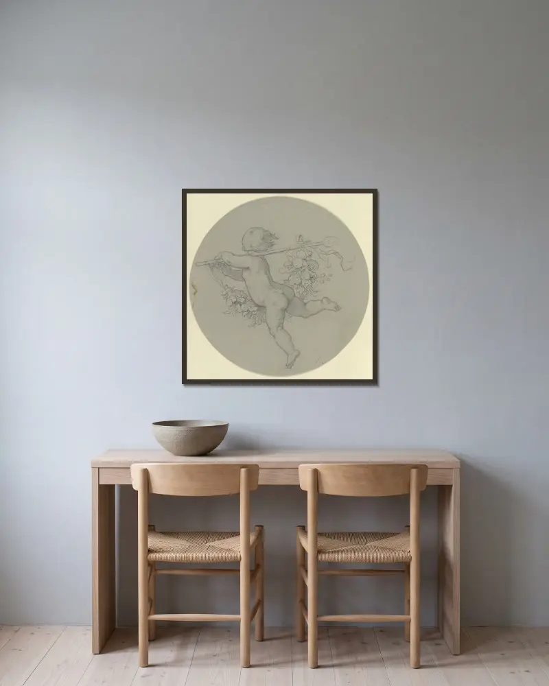 Schwebender Putto mit geschultertem Thyrsosstab von Moritz von Schwind gerahmt an einer Wand