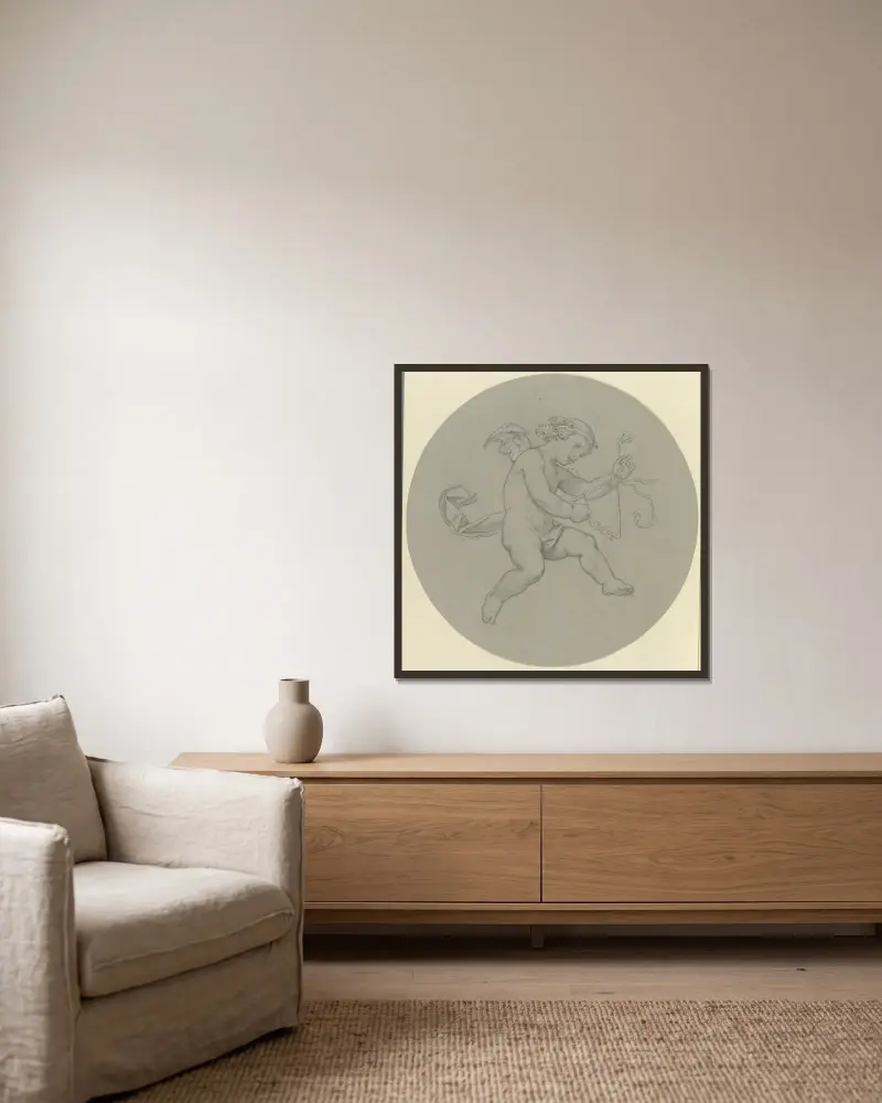 Schwebender Putto mit Triangel von Moritz von Schwind gerahmt an einer Wand