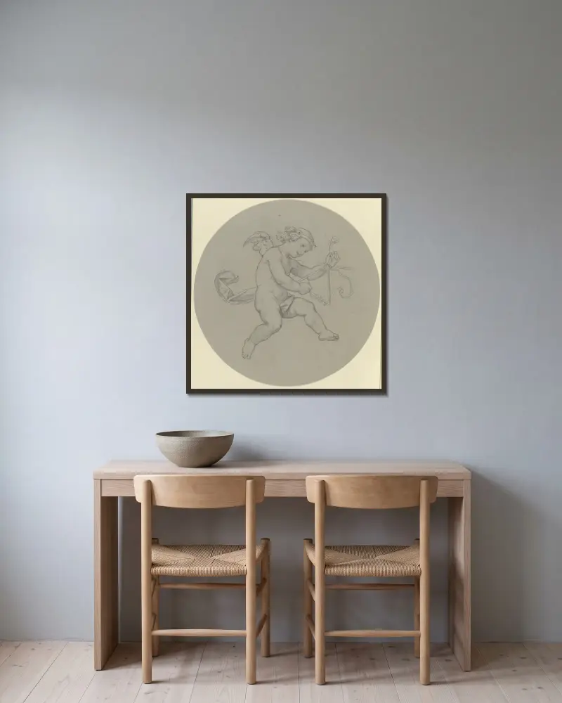 Schwebender Putto mit Triangel von Moritz von Schwind gerahmt an einer Wand