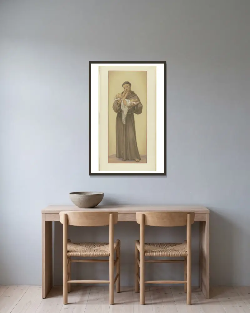 Den helige Antonius av Padua med Jesusbarnet i famnen av Eduard von Steinle inramad på en vägg