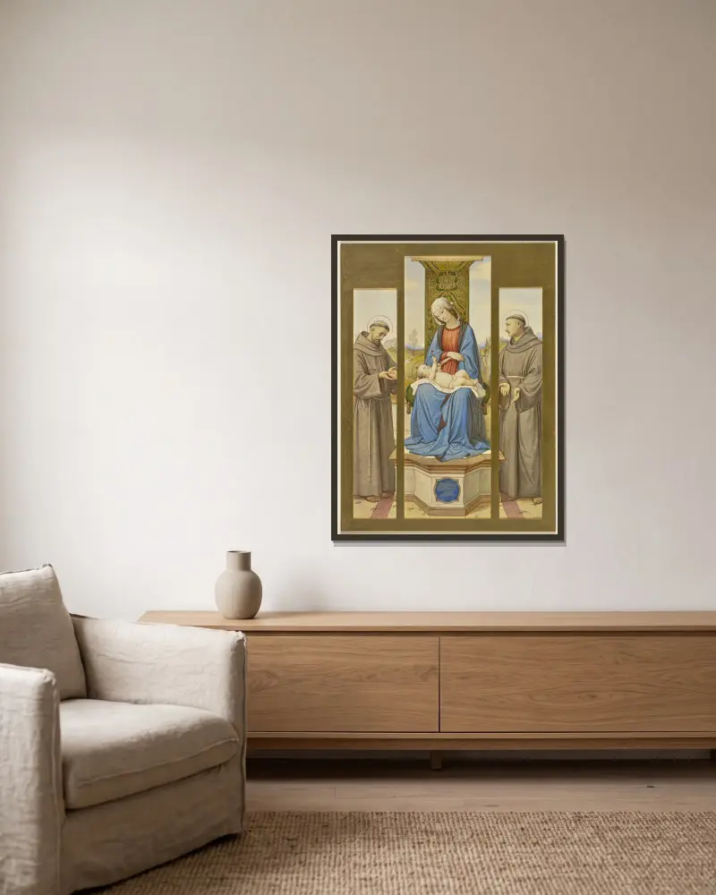 Madonna på tronen, bredvid helgonen Franciskus och Antonius, som triptyk av Eduard von Steinle inramad på en vägg