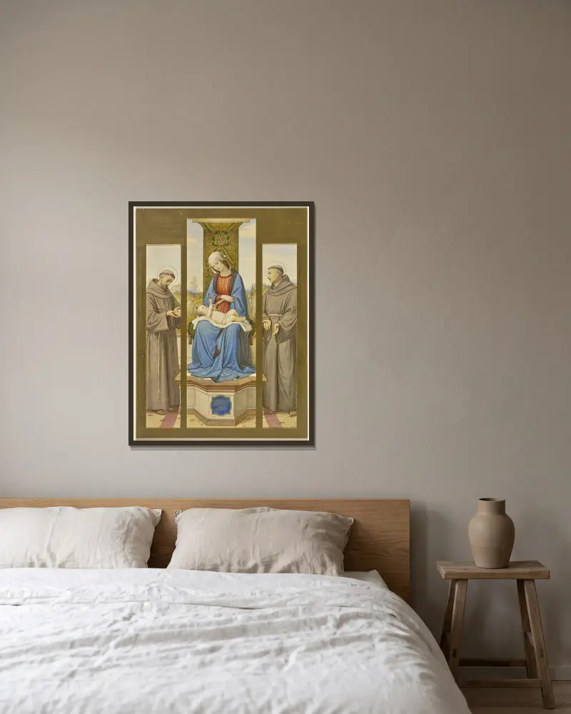 Madonna på tronen, bredvid helgonen Franciskus och Antonius, som triptyk av Eduard von Steinle inramad på en vägg