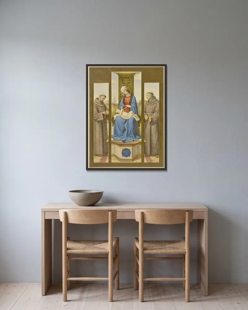 Madonna på tronen, bredvid helgonen Franciskus och Antonius, som triptyk av Eduard von Steinle inramad på en vägg
