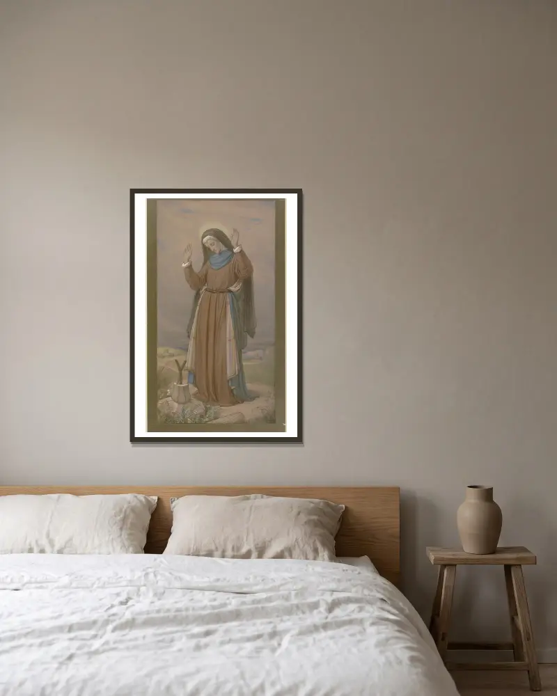 Maria, die Schmerzensreiche, am Kreuzweg wandelnd, den die Jünger mit Kreuzen bezeichnet hatten von Eduard von Steinle gerahmt an einer Wand