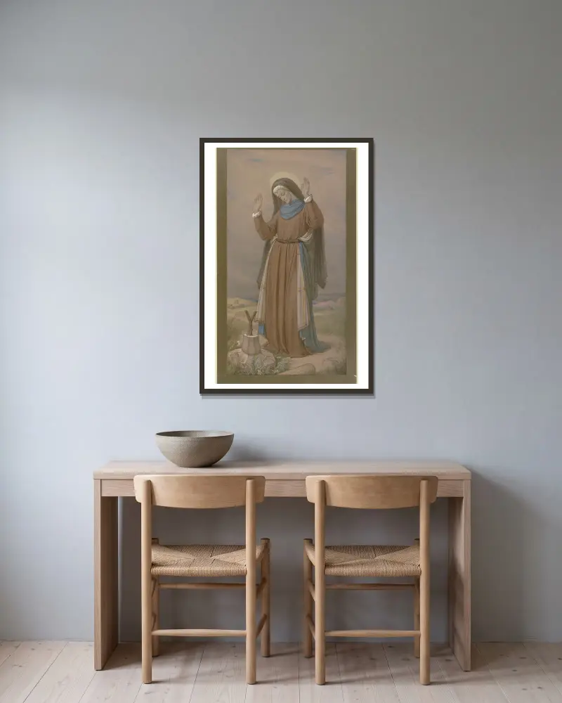 Maria, die Schmerzensreiche, am Kreuzweg wandelnd, den die Jünger mit Kreuzen bezeichnet hatten von Eduard von Steinle gerahmt an einer Wand
