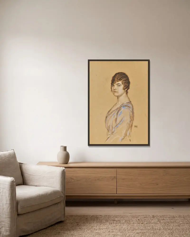 Flicka i blå klänning av Franz von Stuck inramad på en vägg
