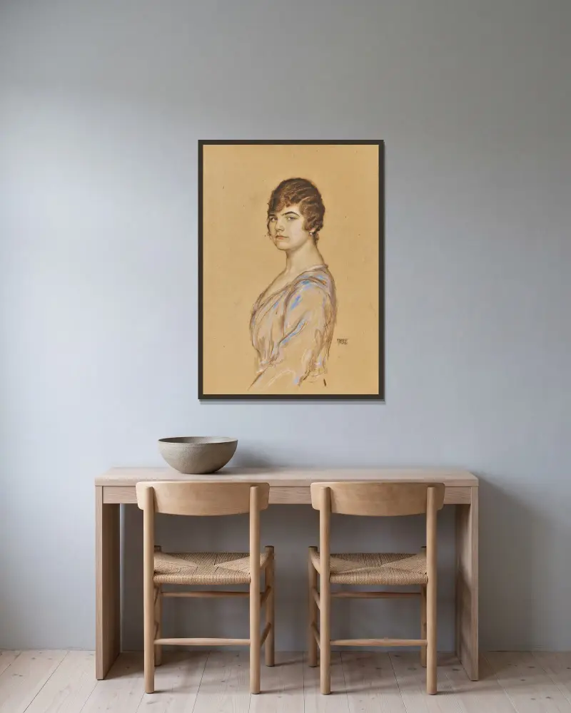 Flicka i blå klänning av Franz von Stuck inramad på en vägg