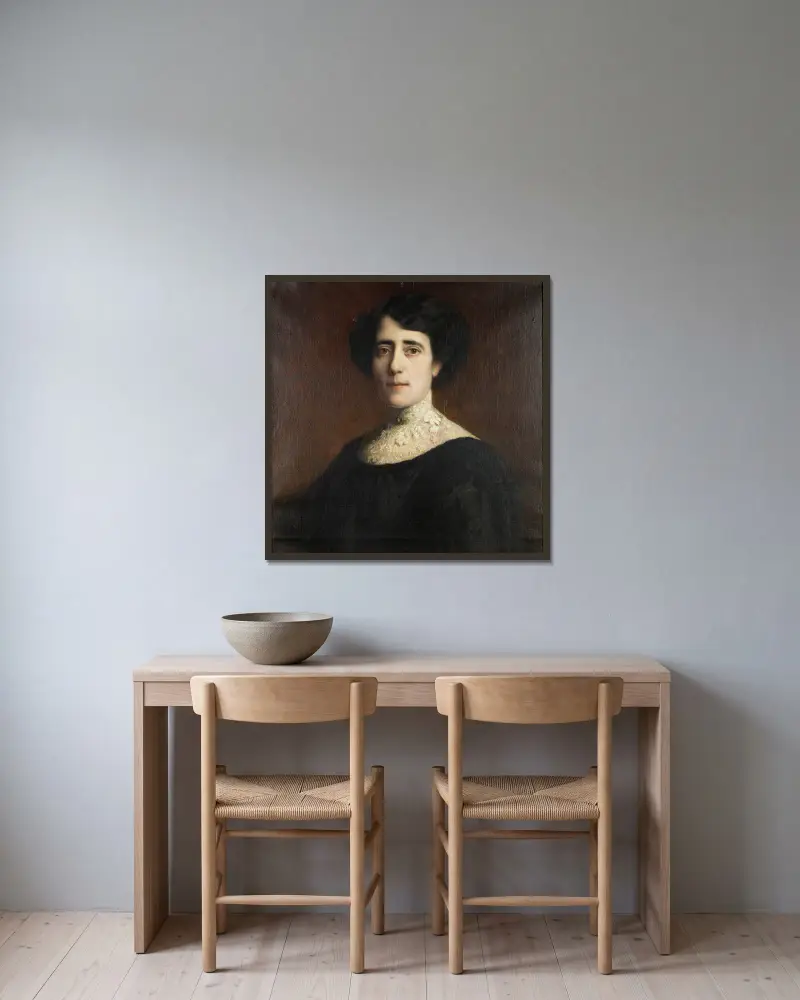 Portrait einer Dame mit Spitzenkragen av Franz von Stuck inramad på en vägg