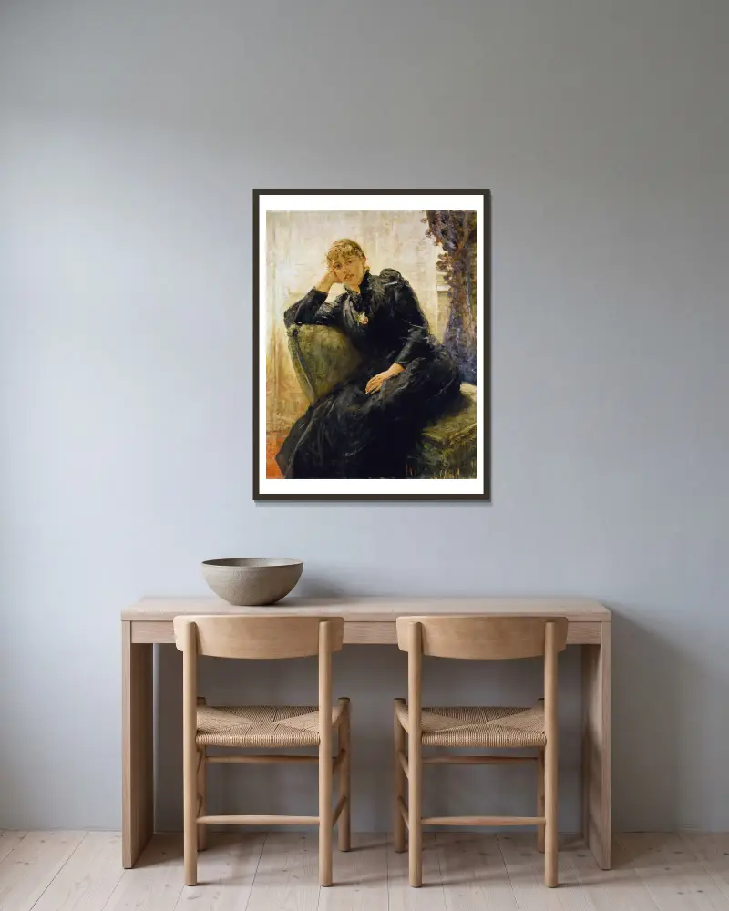 Porträtt av en dam (Porträtt av Therese Karl) av Fritz von Uhde inramad på en vägg