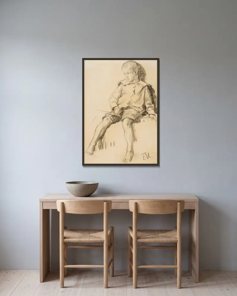 Sitzender Junge mit nackten Beinen av Fritz von Uhde inramad på en vägg