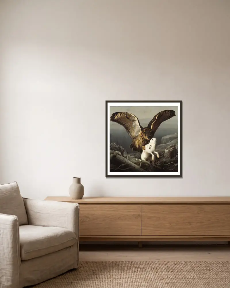 An Eagle-Owl Seizes A Hare av Ferdinand von Wright inramad på en vägg