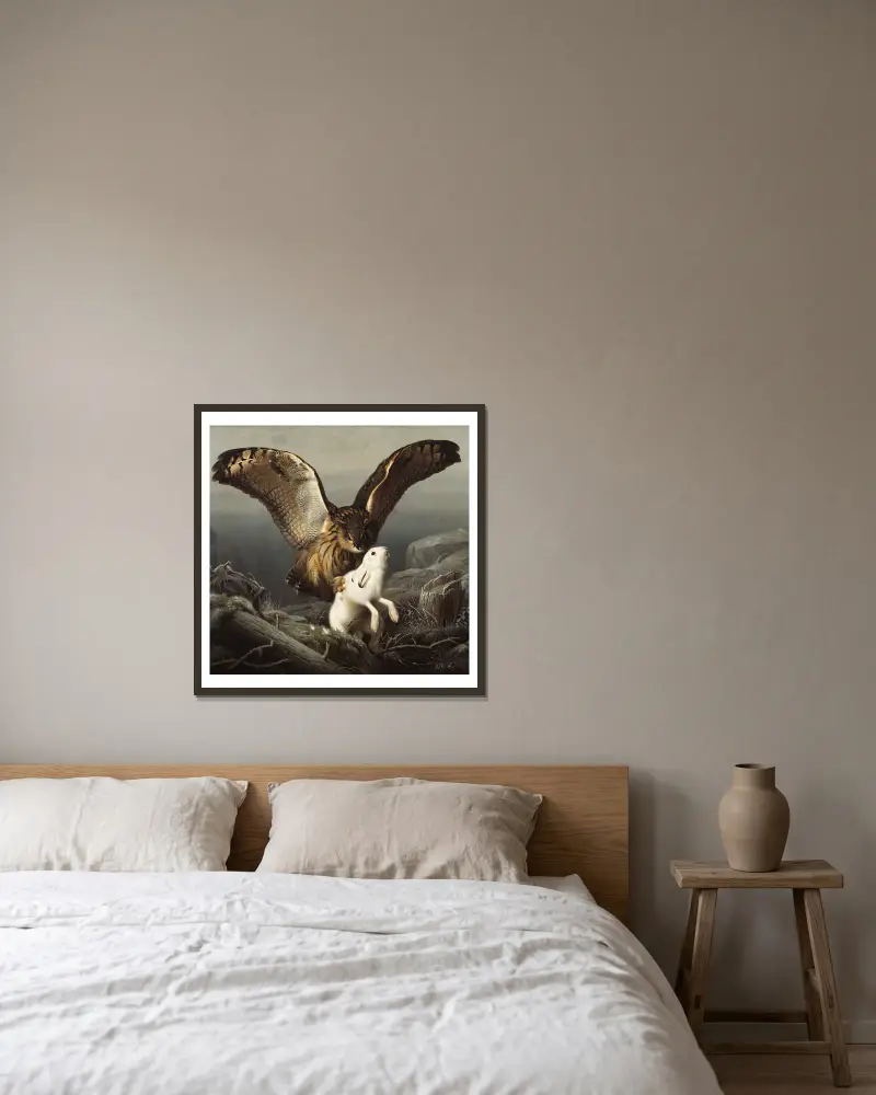 An Eagle-Owl Seizes A Hare av Ferdinand von Wright inramad på en vägg