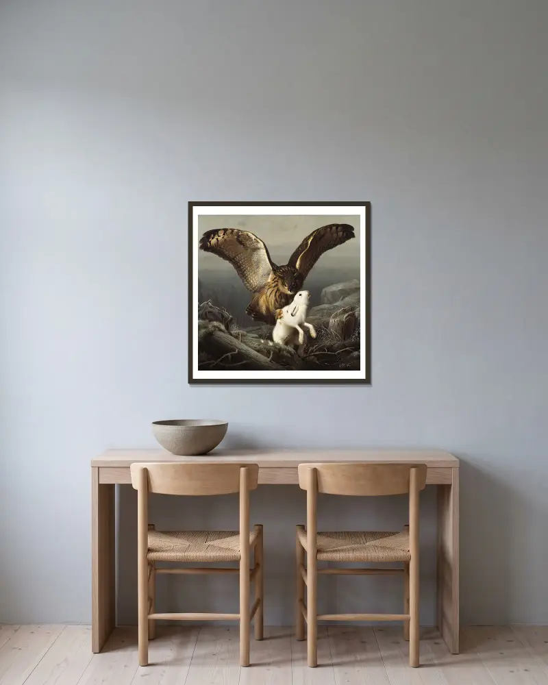 An Eagle-Owl Seizes A Hare av Ferdinand von Wright inramad på en vägg