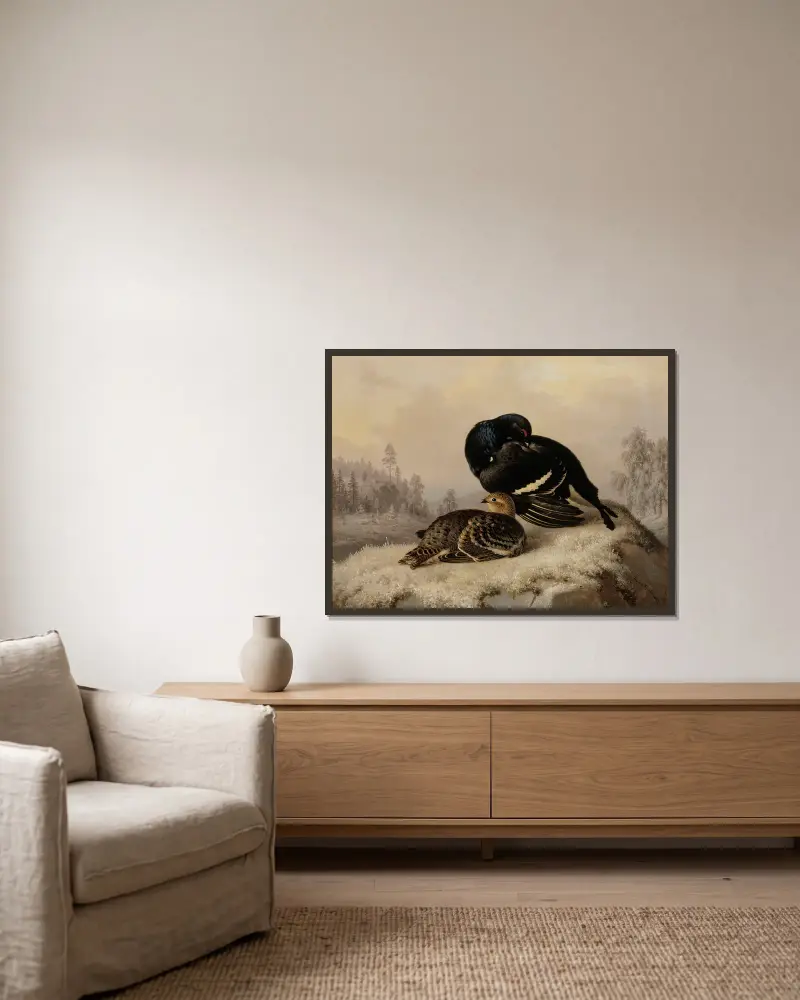 Black Grouse, Cock And Hen av Ferdinand von Wright inramad på en vägg
