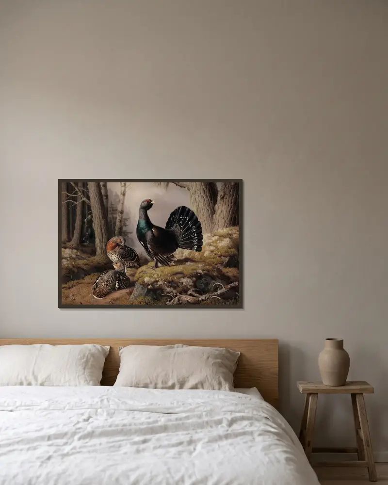 Capercaillies Courting av Ferdinand von Wright inramad på en vägg