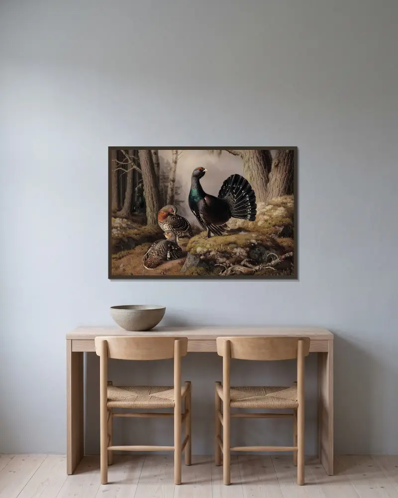 Capercaillies Courting av Ferdinand von Wright inramad på en vägg