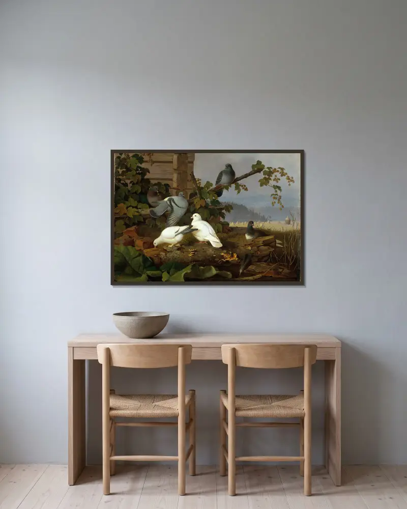 Pigeons av Ferdinand von Wright inramad på en vägg