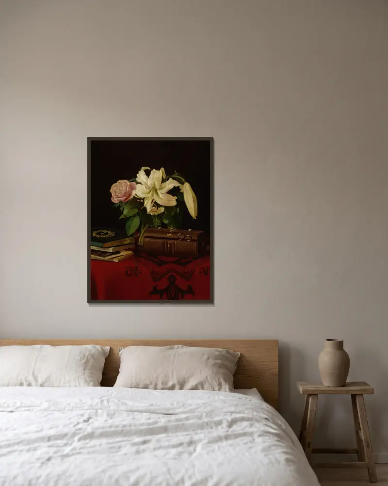 Stilleben auf dem Arbeitstisch einer Dame von Ferdinand von Wright gerahmt an einer Wand