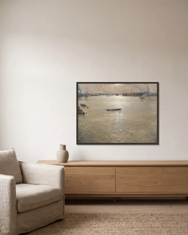 A Thames Landscape av Christopher R. W. Nevinson inramad på en vägg