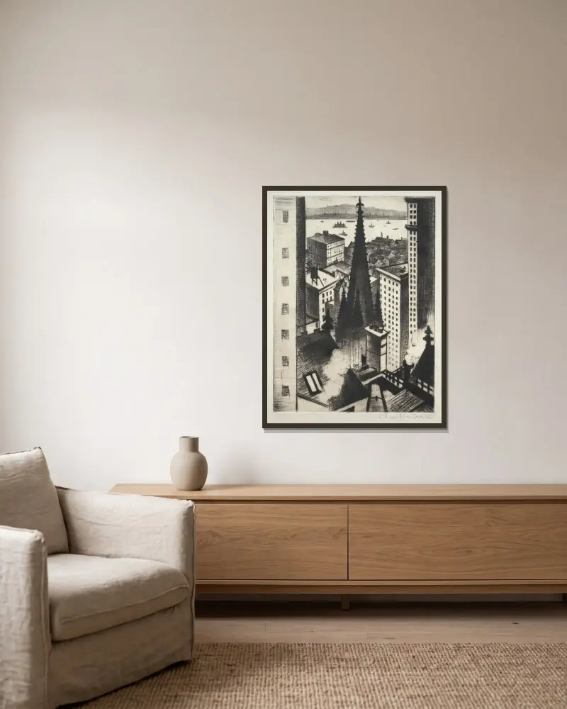 Tempel in New York von Christopher R. W. Nevinson gerahmt an einer Wand