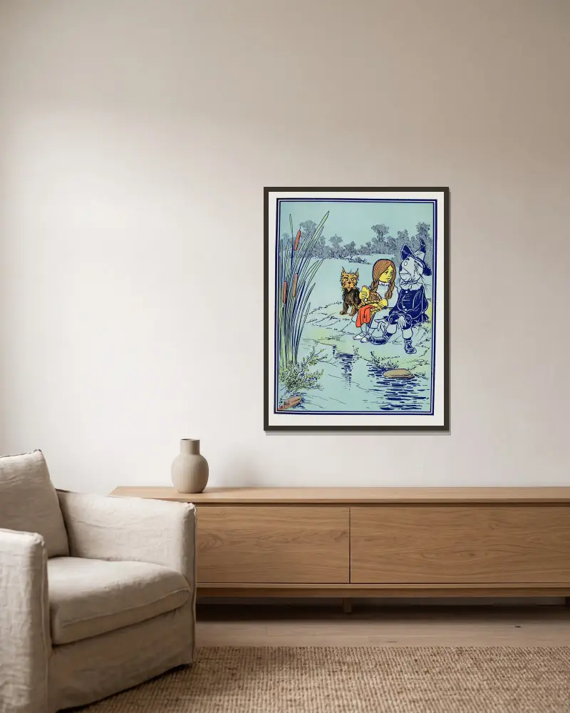 „Ich wurde erst gestern gemacht“, sagte die Vogelscheuche von William Wallace Denslow gerahmt an einer Wand