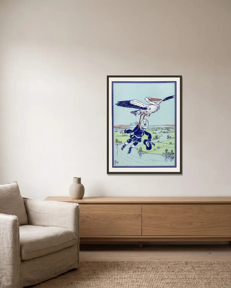 Der Storch trug ihn in die Lüfte von William Wallace Denslow gerahmt an einer Wand