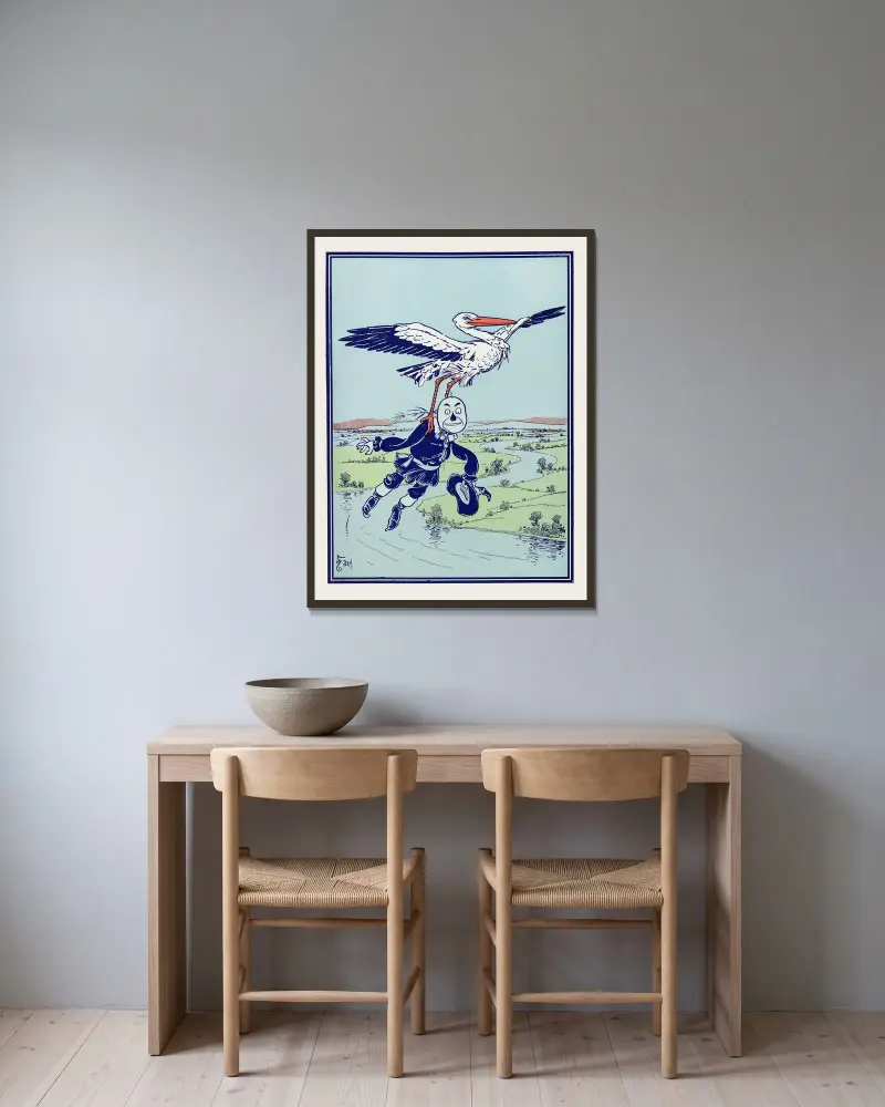 Der Storch trug ihn in die Lüfte von William Wallace Denslow gerahmt an einer Wand