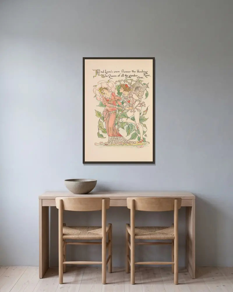 Floras fest; En maskerad av blommor, plansch 22 av Walter Crane inramad på en vägg